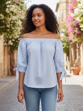 Off-Shoulder Seersucker Blue Gingham Tie-Sleeve Top S/M